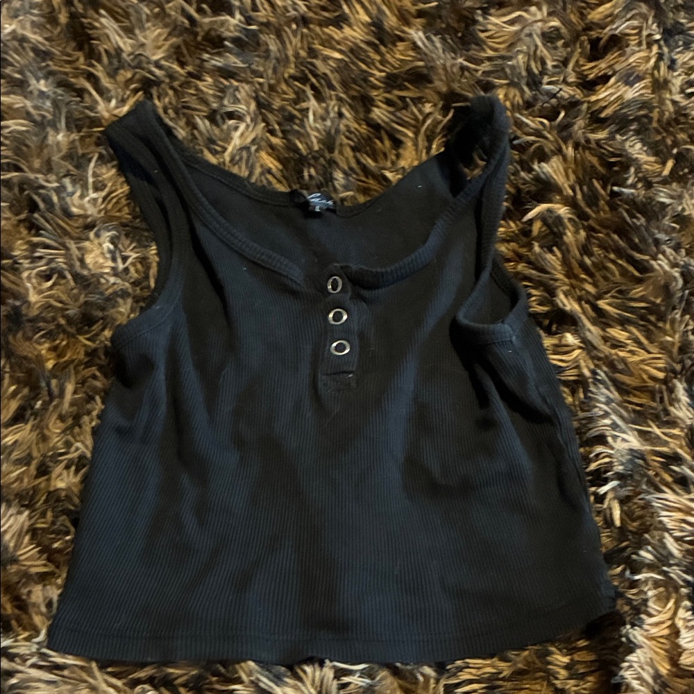 Splash Black Ribbed Tank Top with Button Accents